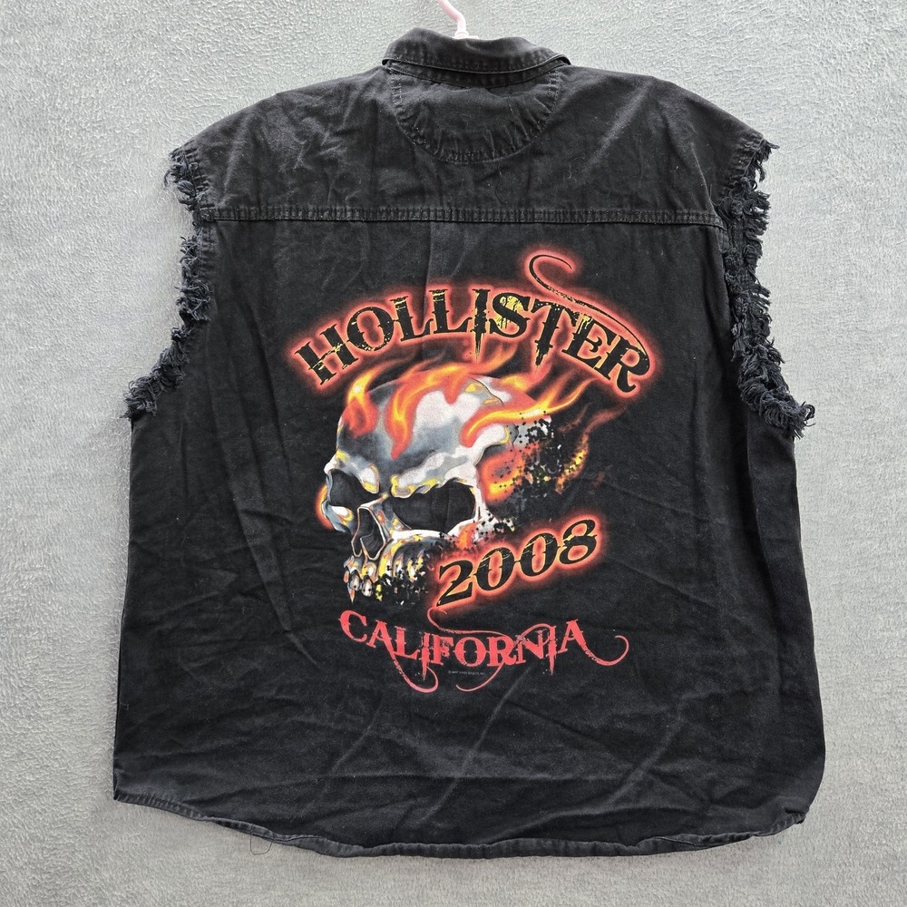 Hollister Motorcycle Men Button Up Shirt XL Black Sleeveless Twill Flaming Rally